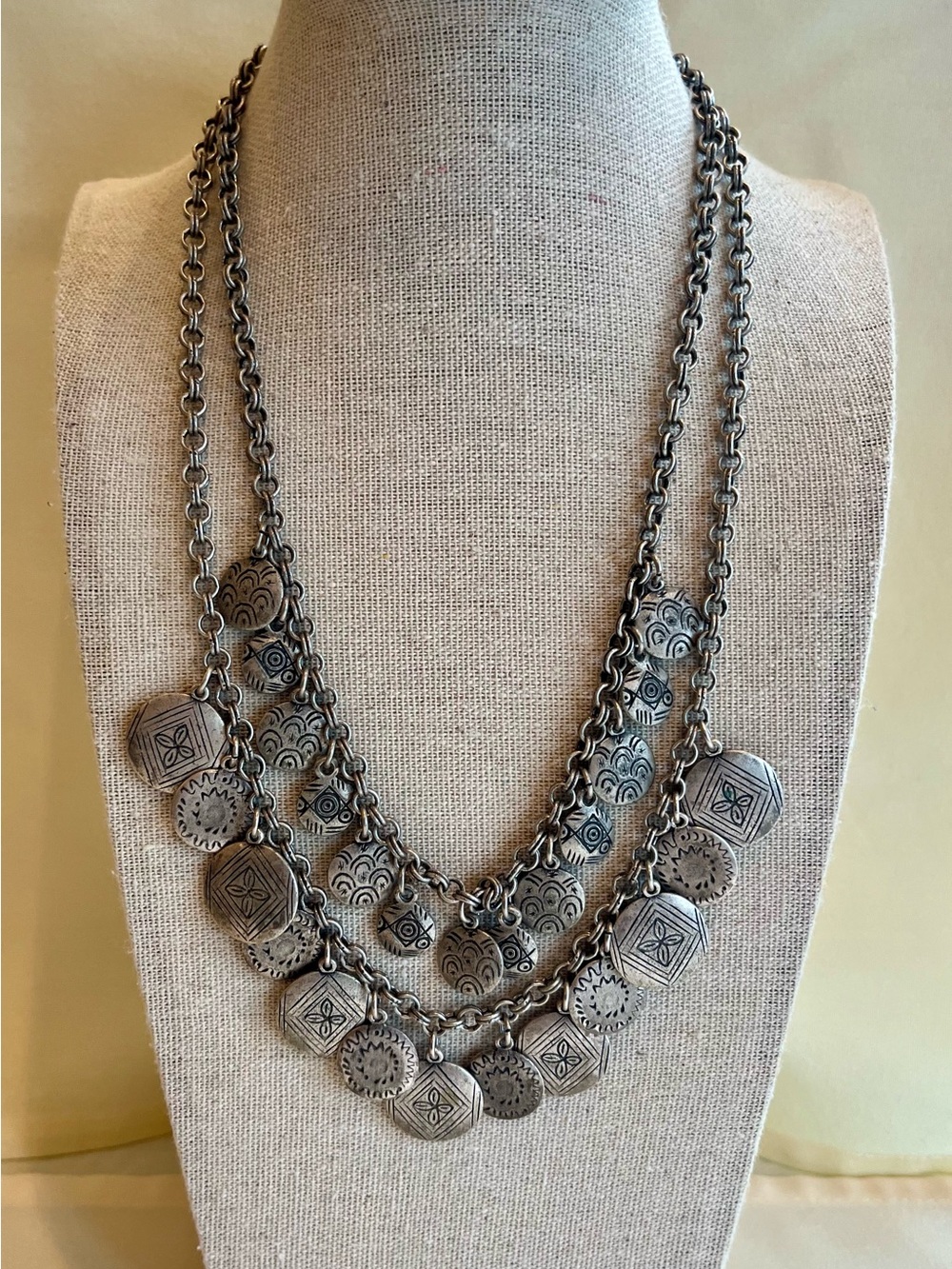 Layered Antique Silver Boho Coin Pendant Necklace